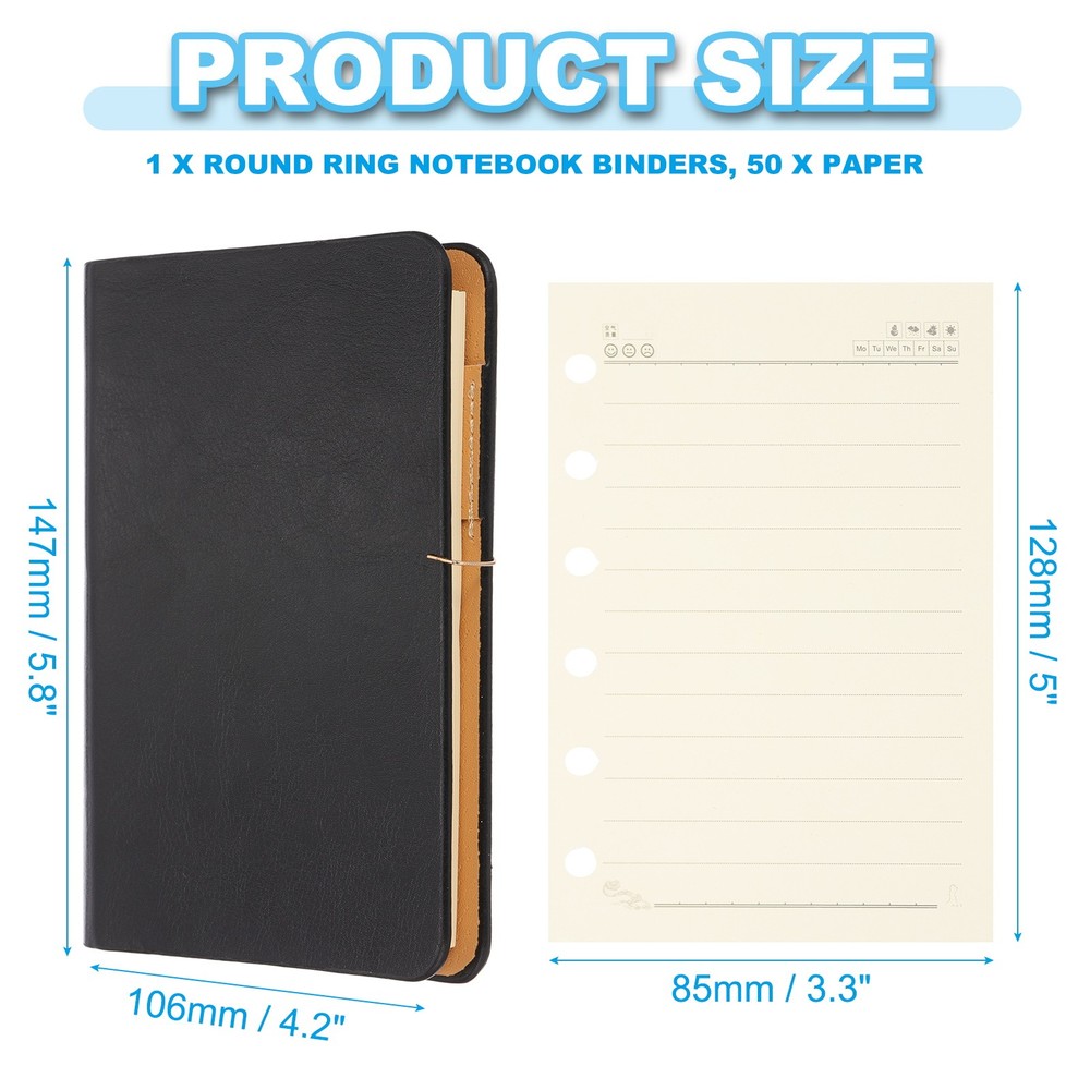 6 Ring Binder Cover A7 Notebook Binder 50 Sheets Line Paper, Black