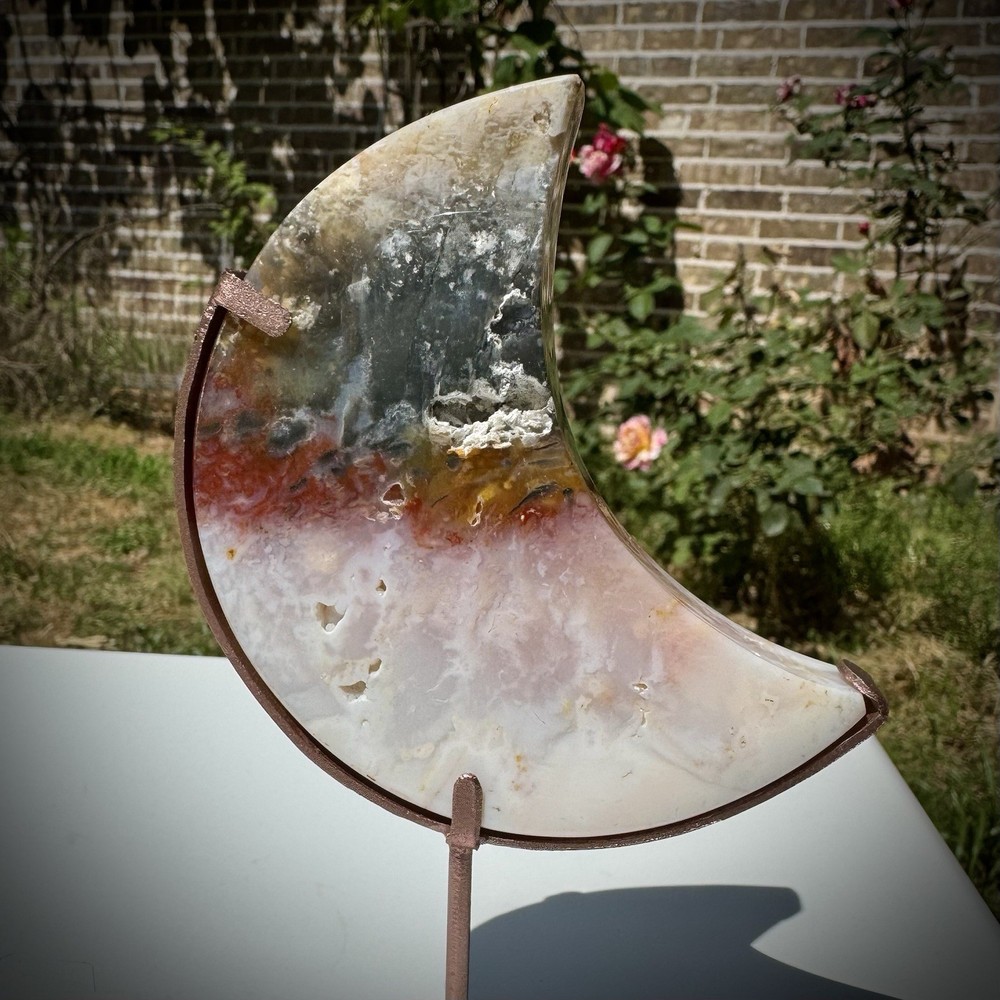 Rainbow Plume Agate Moon Crystal Carving on Stand 6”
