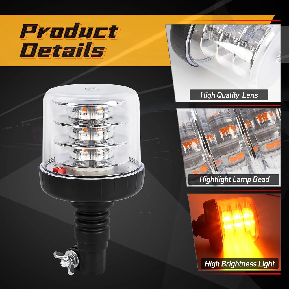 2x 18 LED Rotating Flashing Beacon Flexible DIN Pole Mount Tractor Warning Light