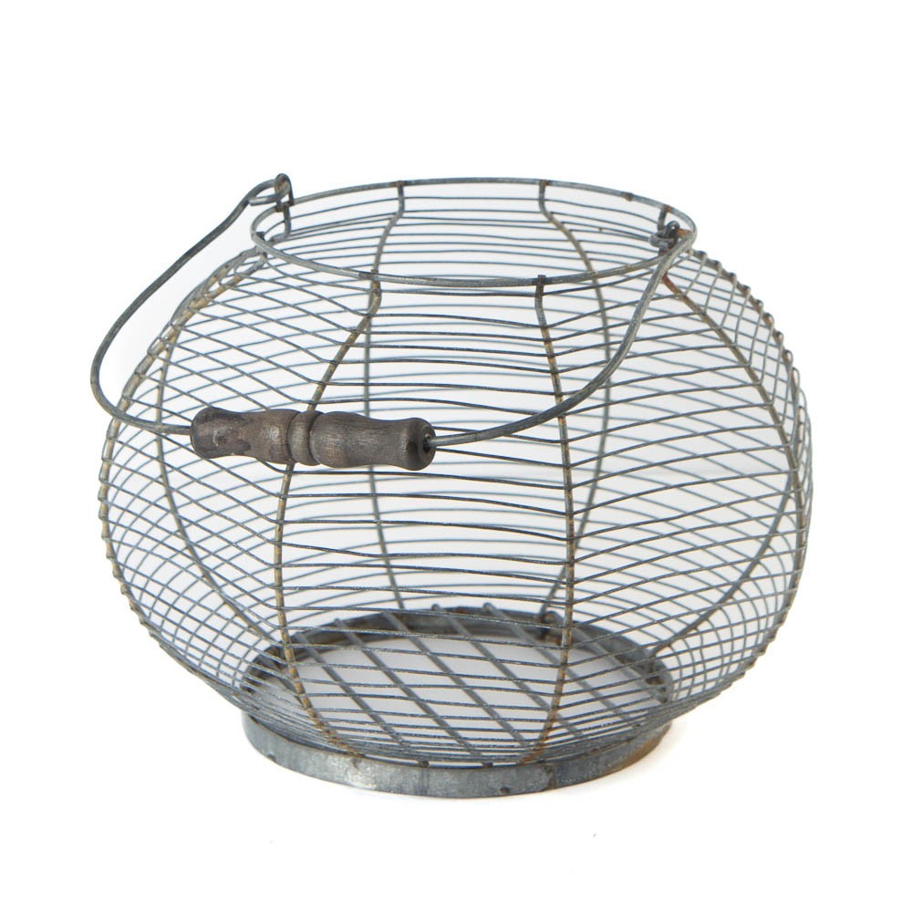 11" Diameter Rusty Zinc Round Wire Egg Basket with Handle