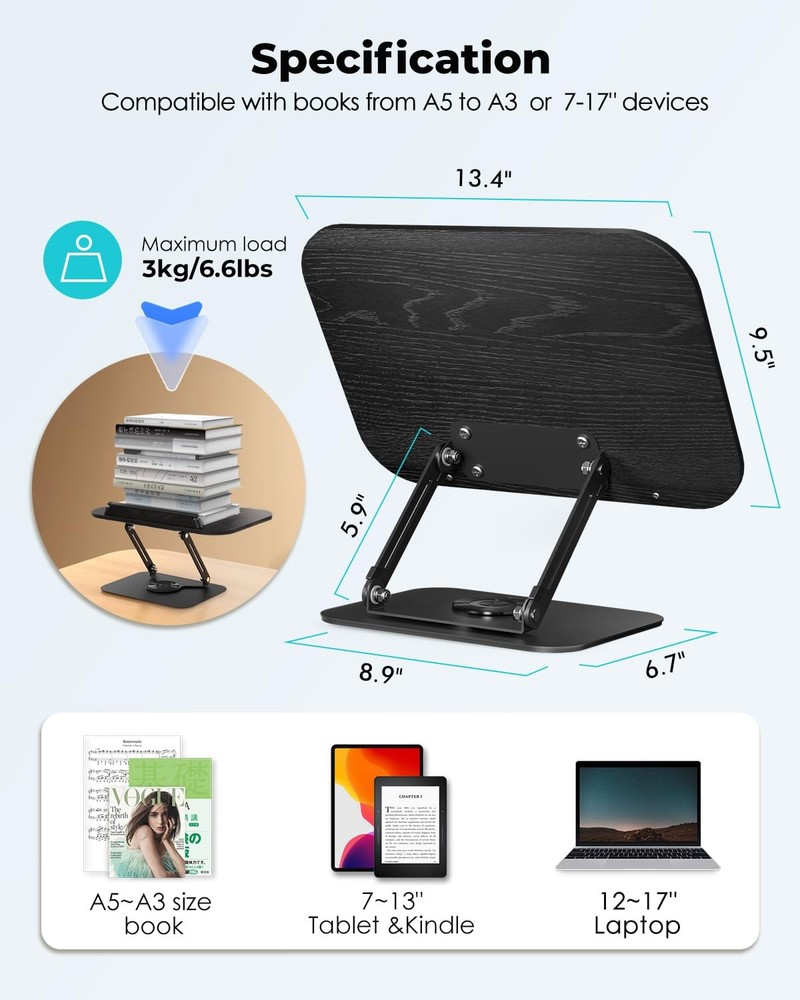 Book Stand for Reading,Book Holder, Height&Angle Adjustable, 360° Rotating Ba...