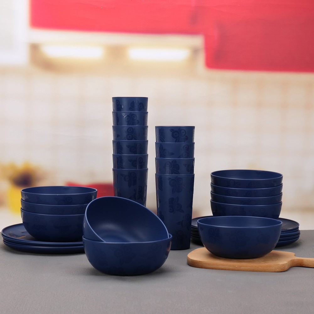 30-Piece Plastic Etched Blueberry Pattern Dinnerware Bundle Set Navy Blue