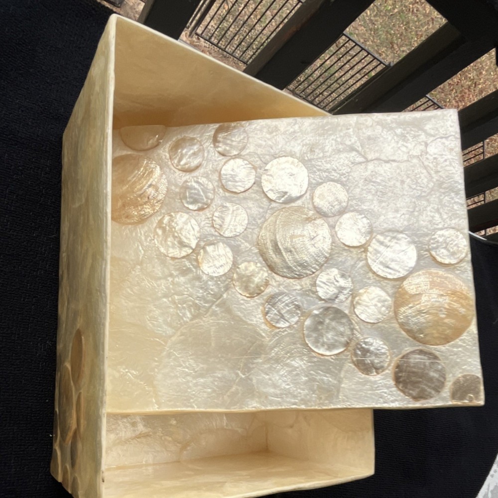 Ivory and Gold Shell Rectangular Decorative Box with Lid, Polka Dot Pattern
