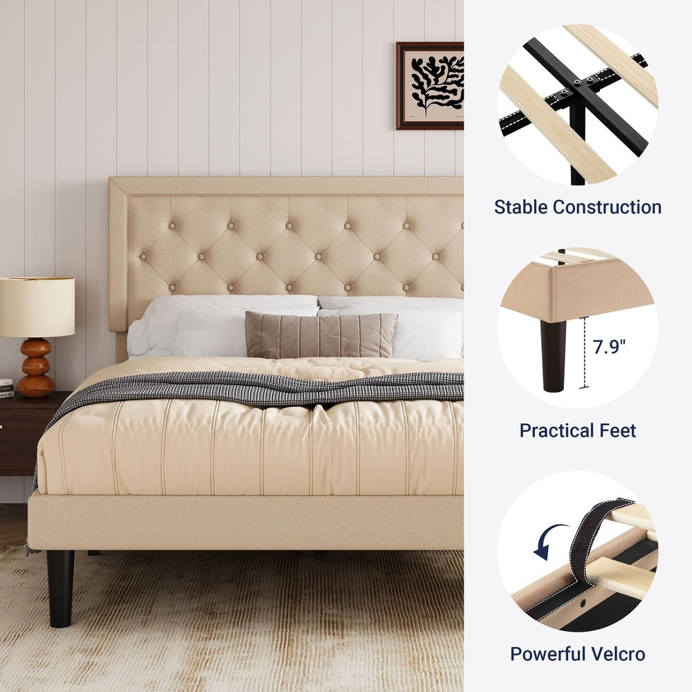 Queen Size Button Tufted/Fabric Upholstered Bed Frame with Adjustable Headboa...