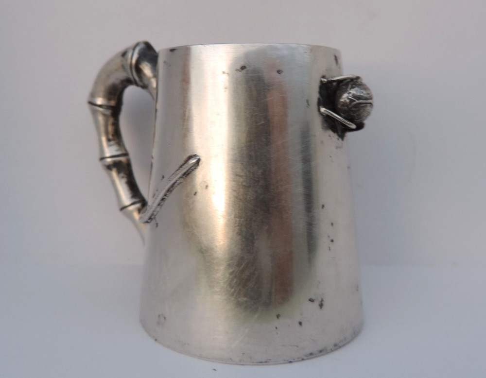 CHINESE EXPORT SILVER LIZARD SPOTS SPIDER CUP MUG BAMBOO HANDLE BY LUEN WO c1890