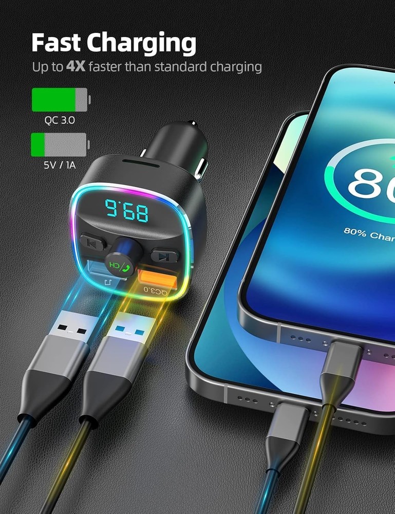 Bluetooth FM Transmitter with Dual USB Charger & LED Light - Crystal Clear Audio