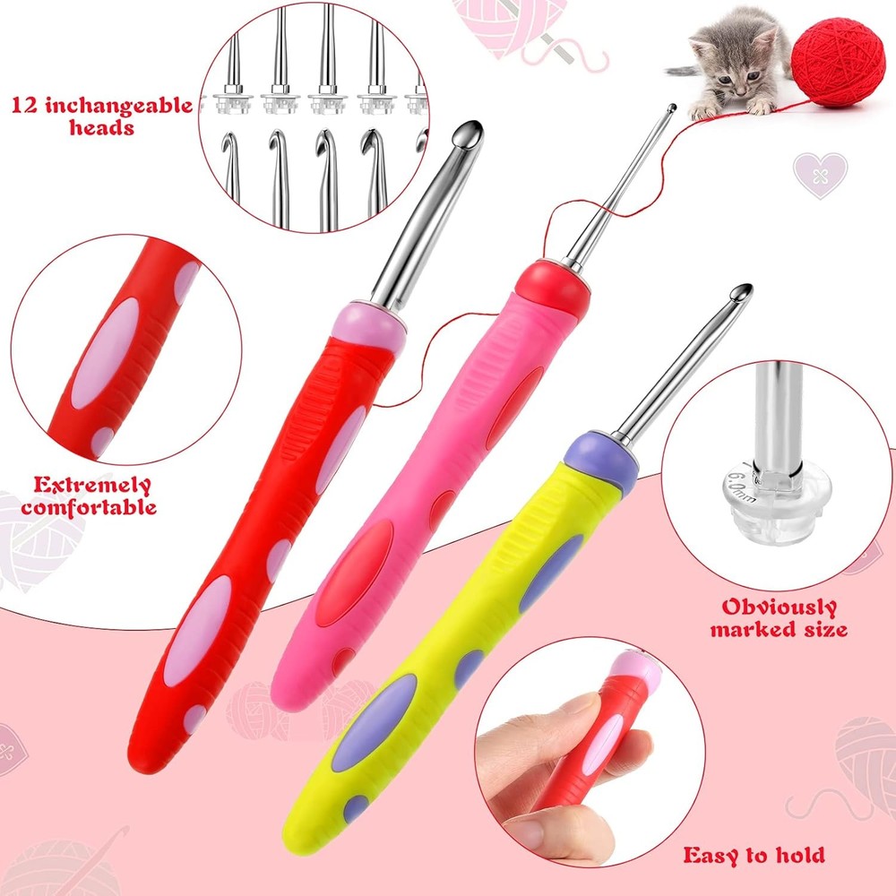 12 Sizes Crochet Hooks Set Interchangeable Crochet Hook Set 3 Pieces Silicone...