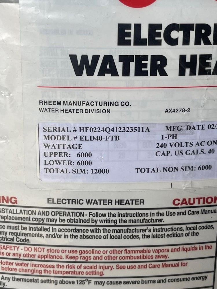 RHEEM RUUD Electric Water Heater 40 Gallons Model # ELD40-FTB 240 Volts NEW