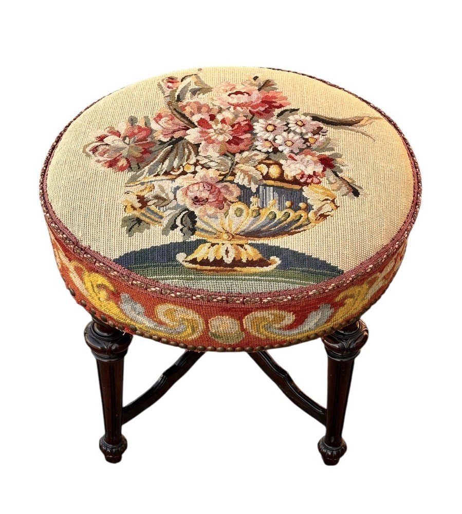 Antique Stool with Needlepoint Floral