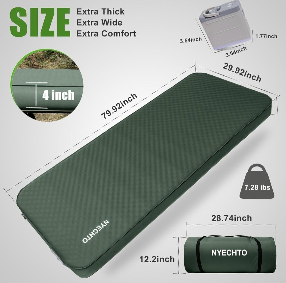 NYECHTO Self Inflating Sleeping Pad for Camping, 4" Extra-Thick Memory Foam A962