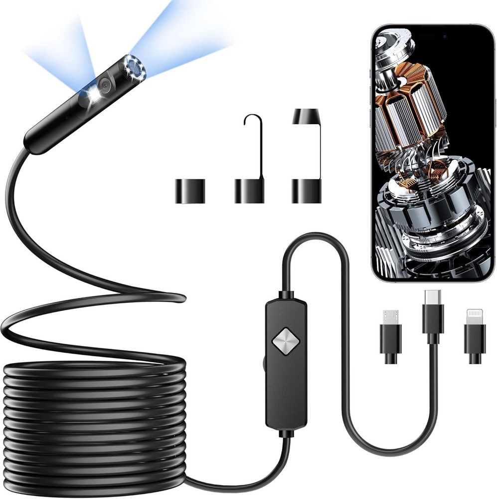 Endoscope with Light, 1920P HD Borescope 8 Adjustable LED Lights, black