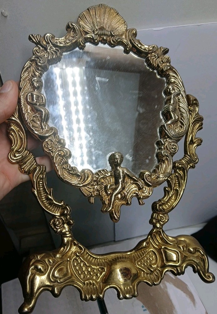 Tabletop brass mirror adjustable decorative looking glass cherub deco rococo sty
