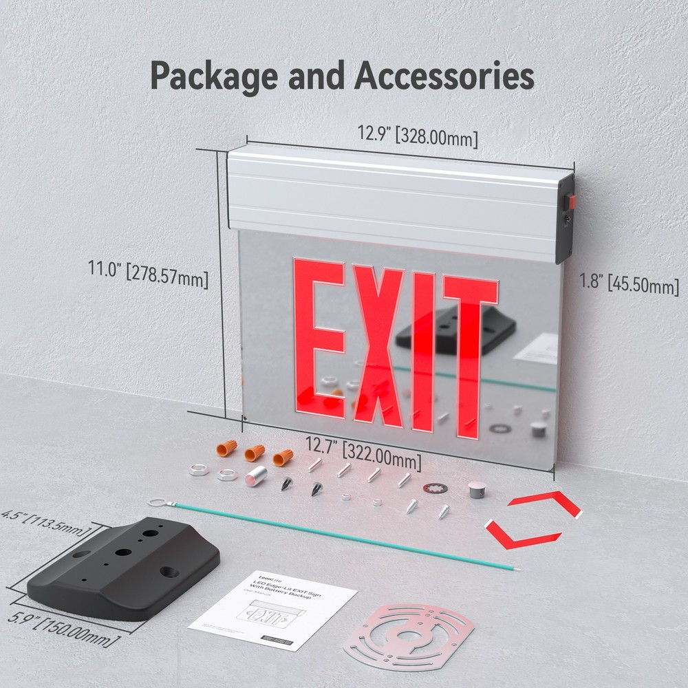 2 Pack LED Exit Sign, Aluminum Housing Acrylic Panel Emergency Light, Red
