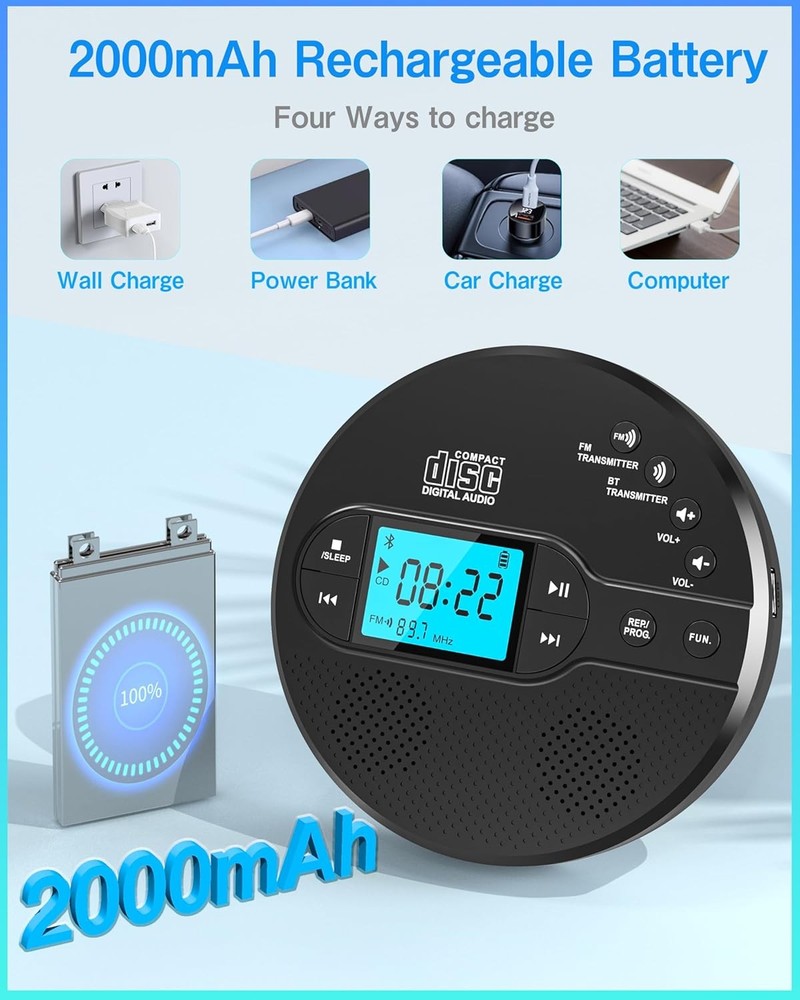 Portable CD Player with Bluetooth Walkman CD Player with FM Transmitter and Spea