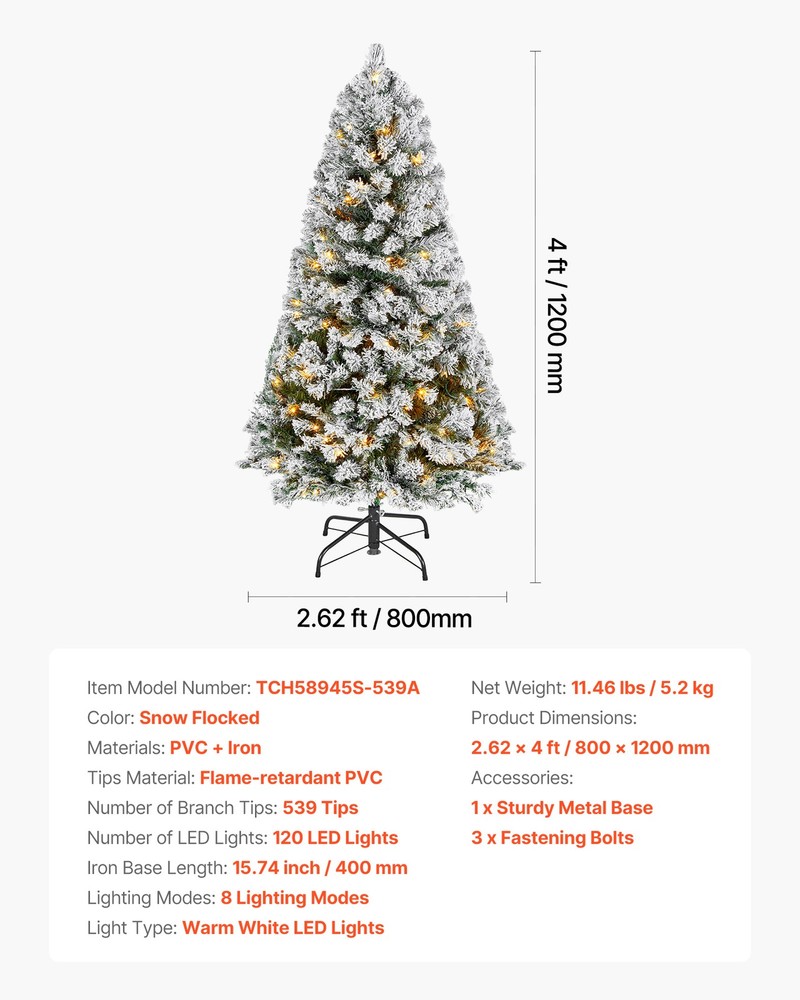VEVOR Christmas Tree 4ft Prelit Flocked Artificial Tree 120 Warm White LED Light