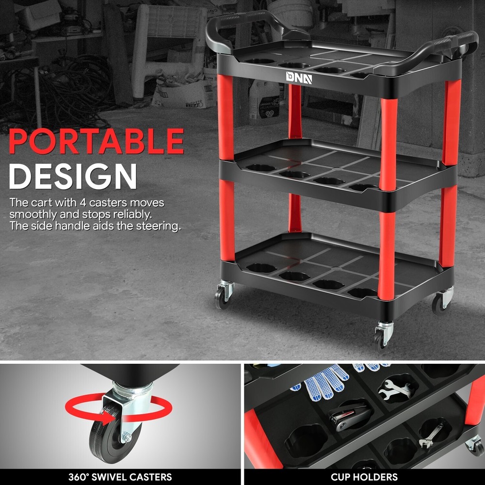 Red 3 Level Composite Workshop Tools Trolley+Casters for Warehouse Garage Office