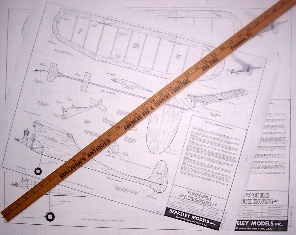 TWO PROFILE POWERHOUSE PLANS for a 24" & a 30" Berkeley 1/4A FF Model Airplanes