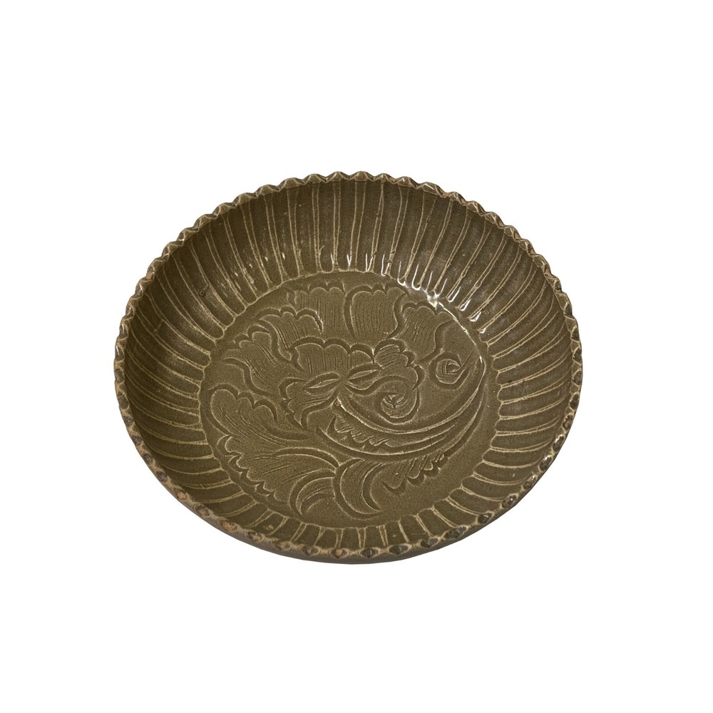 Chinese Ding Ware Tan Olive Glaze Pattern Ceramic Bowl Display ws3274