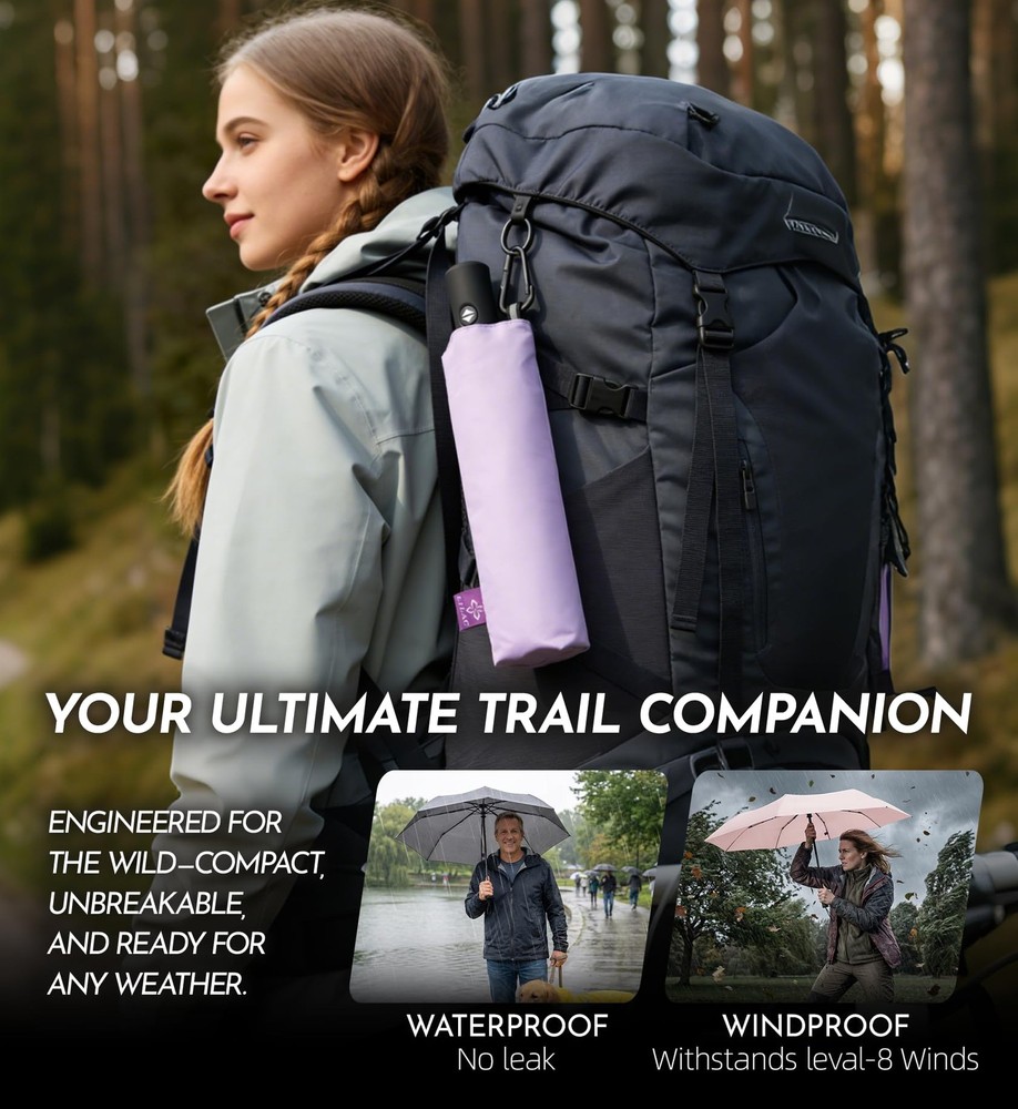 LILAC Compact Travel Windproof Umbrella, 43" Auto Open/Close Folding Quick Dr...