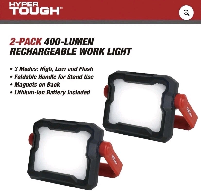 Hyper Tough 2 Pack 400 Lumen - Rechargeable LED Work Lights