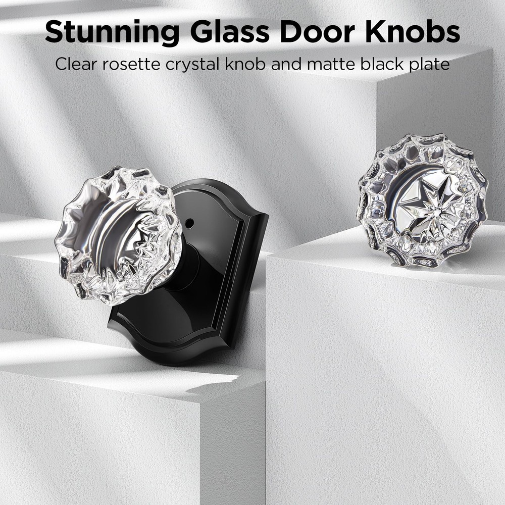 3 Pack Glass Door Knob, Rosette Shaped Crystal Door Knobs with Lock, Matte Bl...