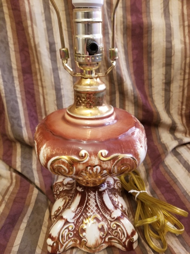 Ceramic Brown Scrolled Lamp Antique 1950's TESTED