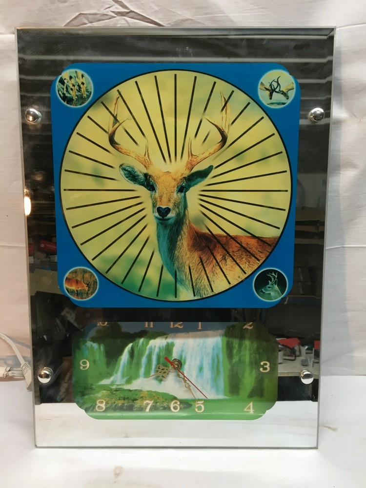 Elco Star burst Deer Mirror Clock Lighted Mirror Bar Den Man Cave Battery Clock