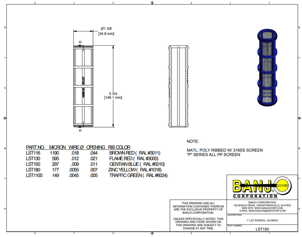 Banjo 50 Mesh Replacement Screen for 1" Line Strainers - LST150