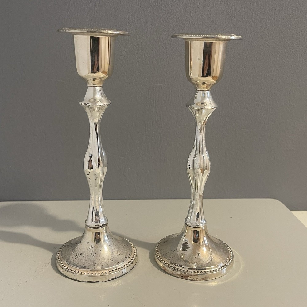 Vintage Mayell Candlesticks Silver Plated Matching Pair Two Removable Base Top