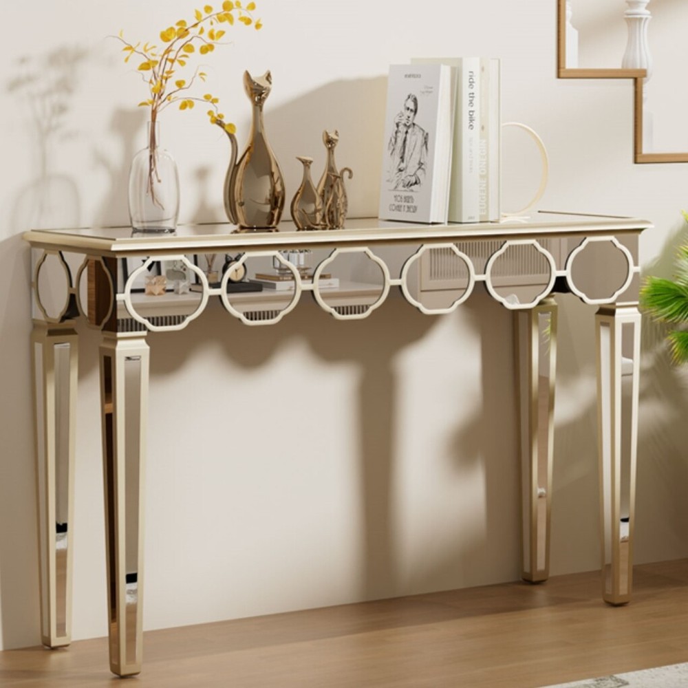 1.2m Ultra Long Mirrored Console Table Gold Rim Lantern Pattern Entryway Table