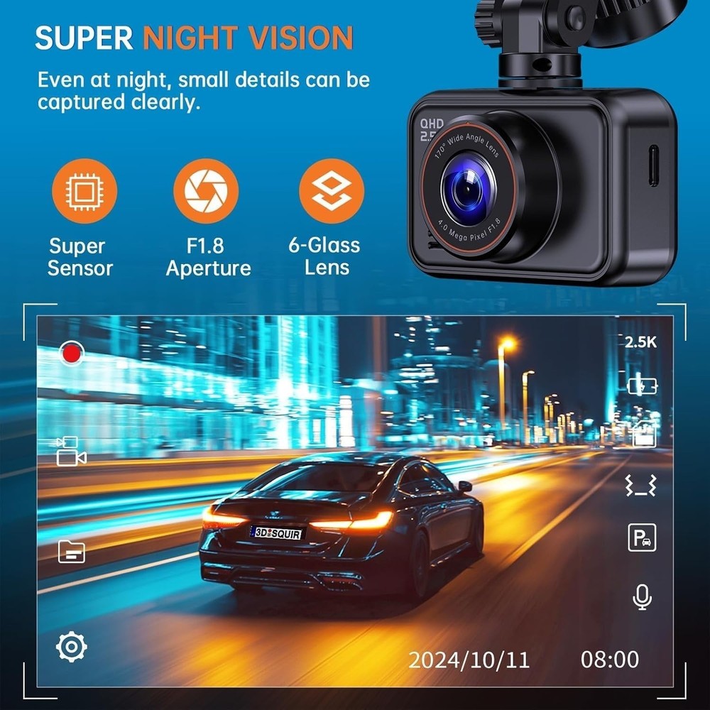 Enhanced Night Vision Dash Cam, 2560P Resolution