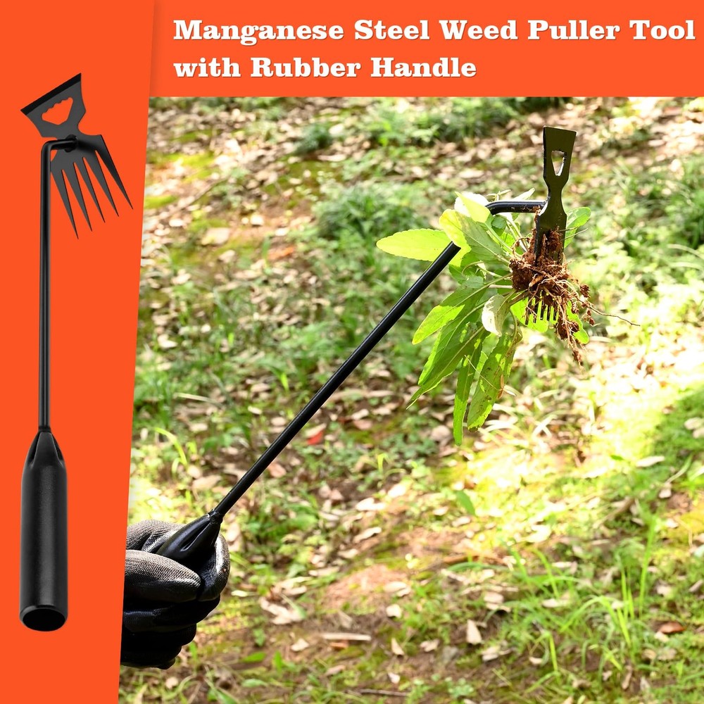 Weed Puller Tool Garden Weed Pulling Tool, 4Tine Manganese Steel Weeder Tool ...