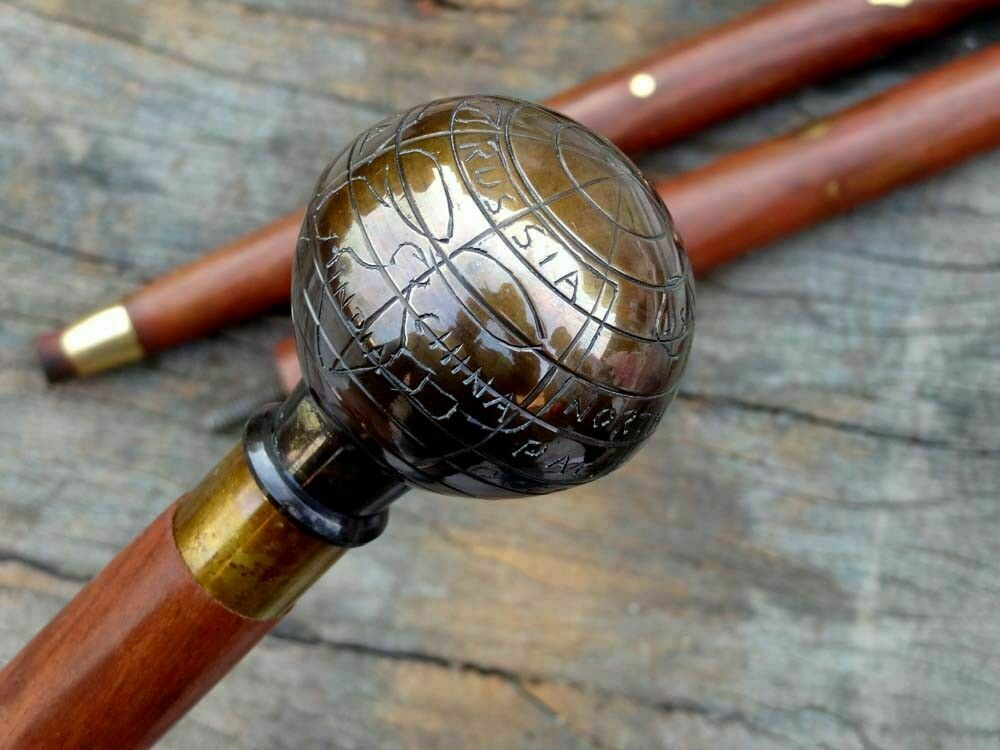 Wooden Walking Stick with Globe Brown