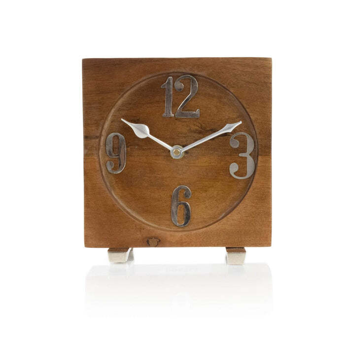 Handmade Brown Wood Table Clock with Quartz Movement - Arabic Numerals