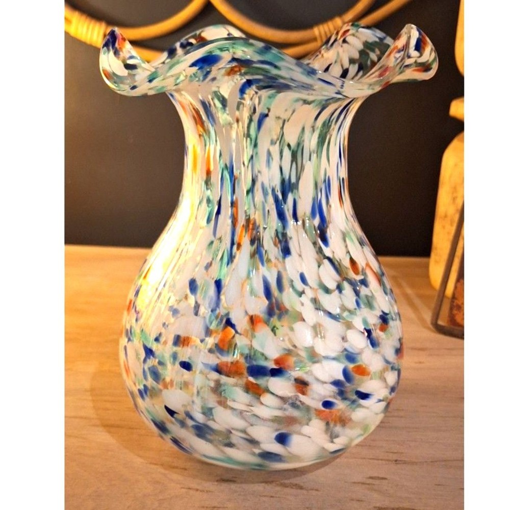Hand Blown Multicolor Sudio Glass Vase Fluted Top