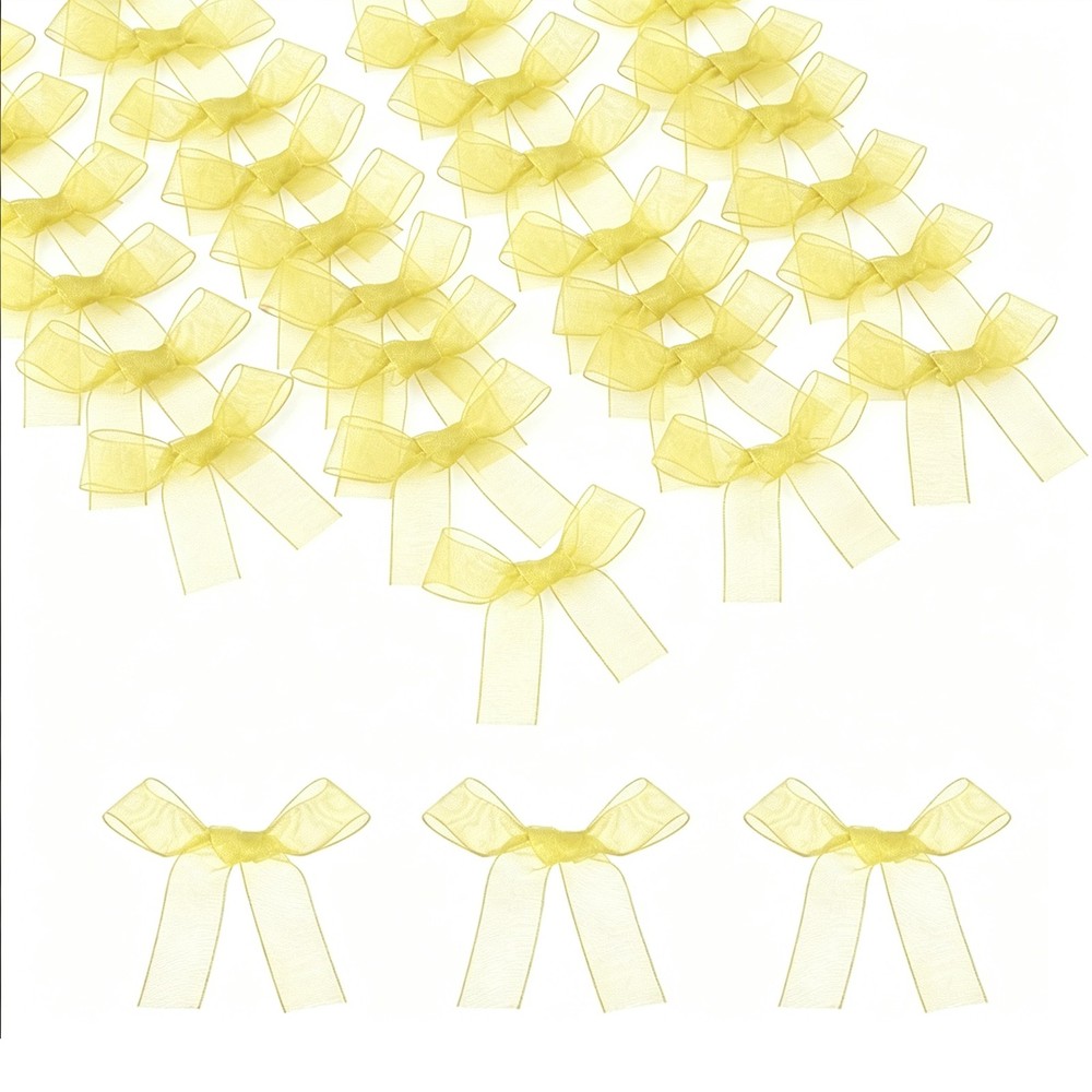 52 Pcs Mini Ribbon Bows, 2" Tiny Bows Organza Applique Embellishment Yellow