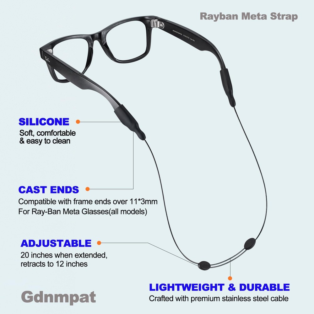Sunglasses Strap for Meta RayBan Glasses, Thick Temples-No Tail Adjustable Gl...