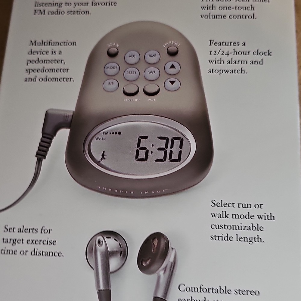 Sharper Image SR353 FM Scan Tuner Pedometer Alarm Clock Stopwatch Odometer