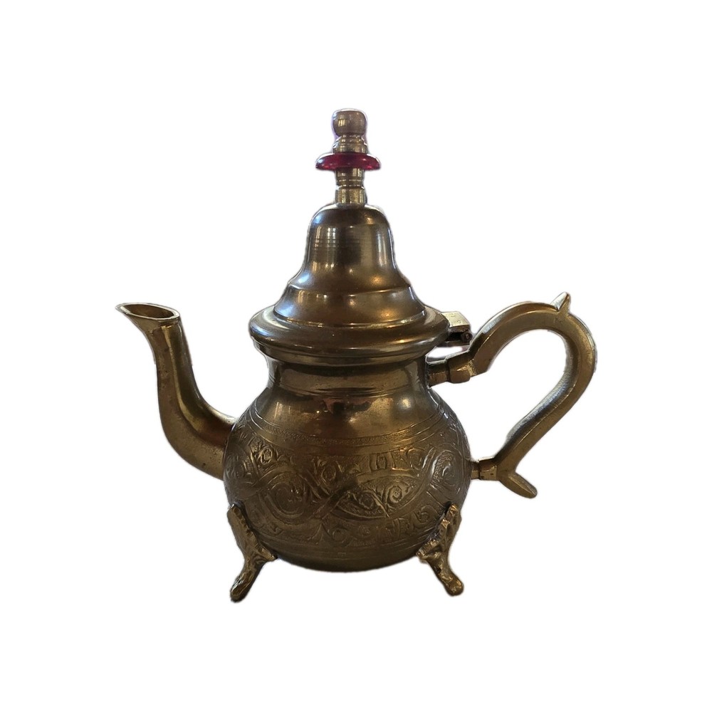 Vintage Middle Eastern Brass Dallah Coffee Pot – Hand Engraved 4-Footed...
