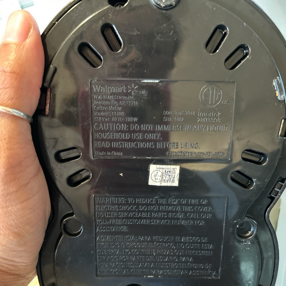 COFFEE MAKER. Walmart Brand. 5 Cups. Includes Removable Filter Basket.