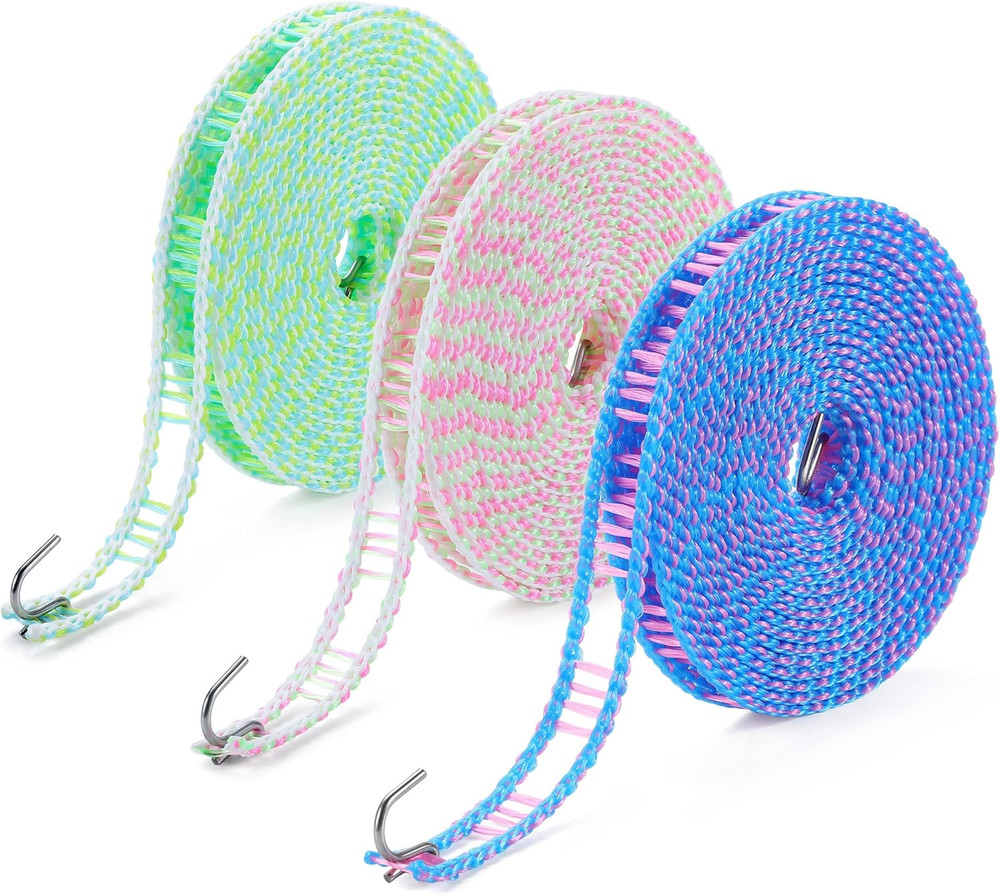 3 Pack Windproof Clothesline & Hooks 16.4Ft Strong Portable Laundry Drying Rope