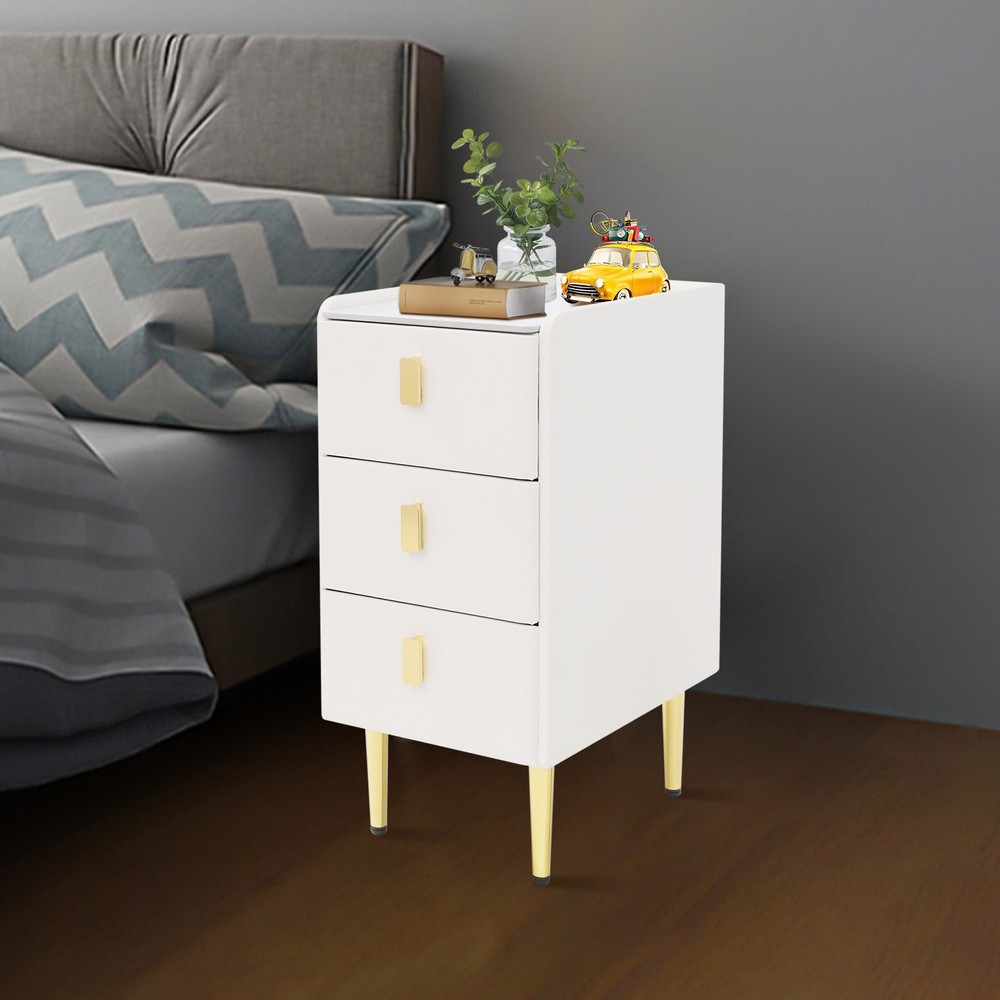 3 Drawer Narrow Side Table - Leather & Wood, Titanium-plated, Rectangular Modern