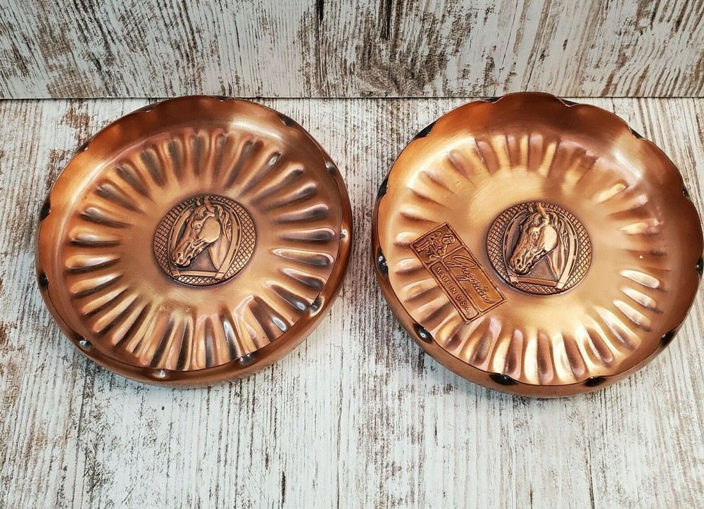 2 Vintage Gregorian Solid Copper Hand Hammered Ashtray Horse Head USA