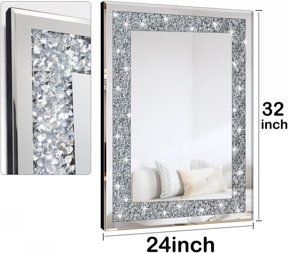 Crystal Crush Diamond Rectangle Silver Mirror Wall Decoration 24x32inch Wall