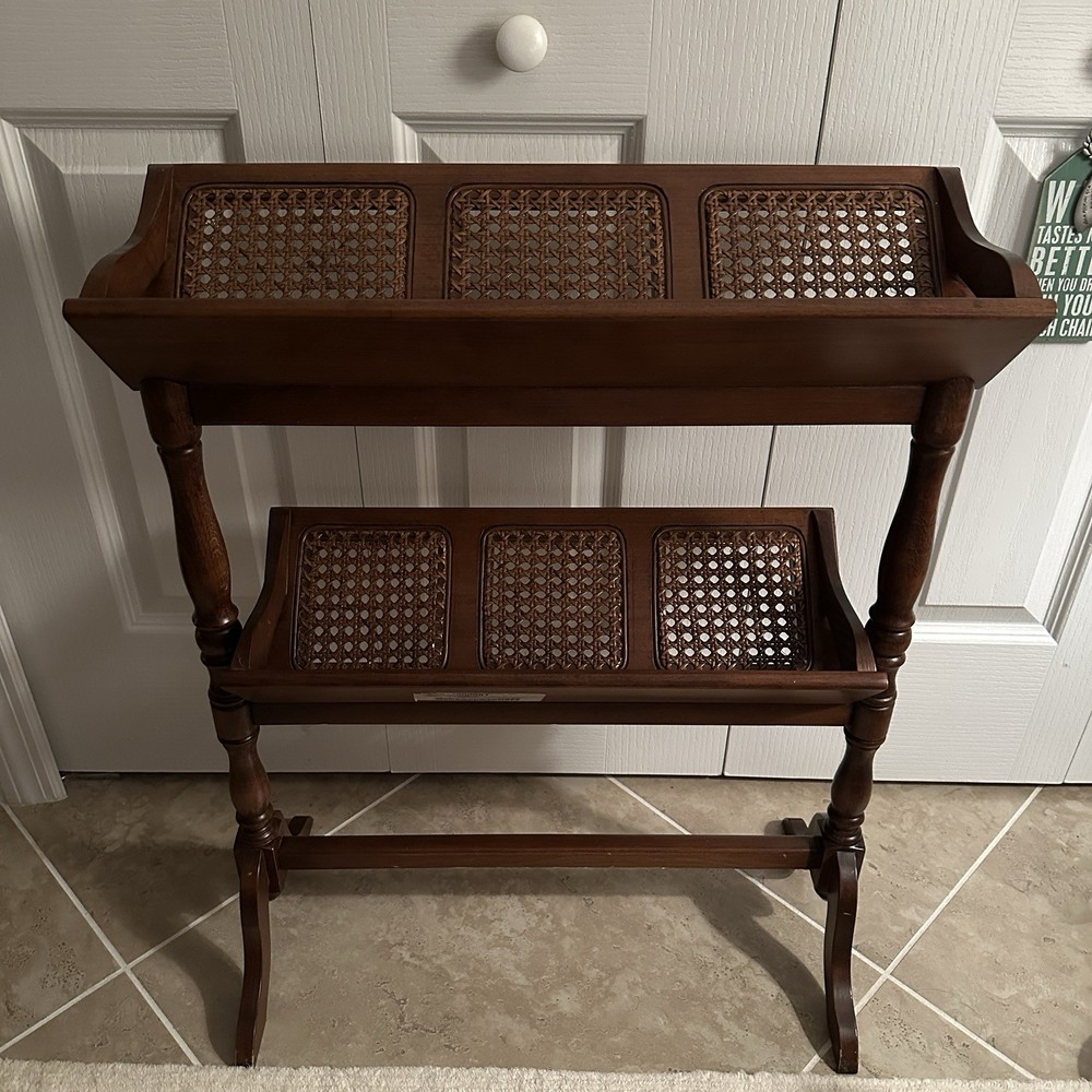 MCM Woven Wicker & Solid Wood Library Book Trough Floor Stand - 2 Tier