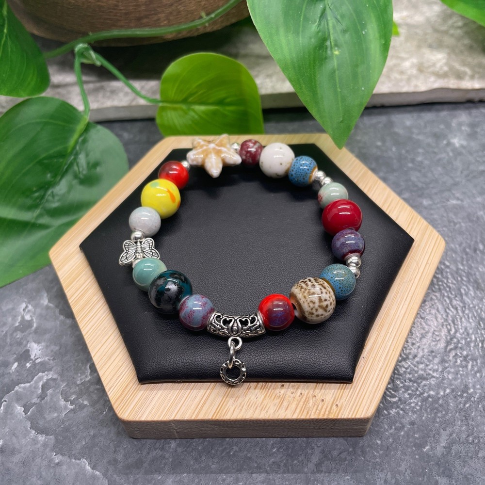 Handmade Ceramic Bead Beaded Stackable 6.5” Plus Stretch Bracelet New B536