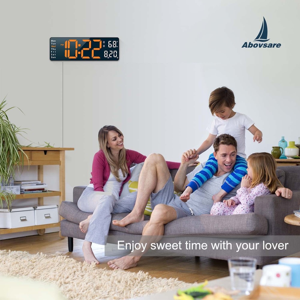 Orange-B Digital Wall Clock, Remote, Auto Dimmer, LED, Date, Temp, Week, Alarm