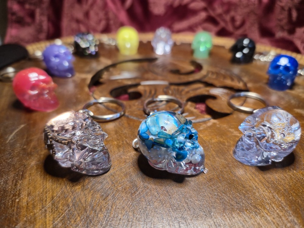 Resin Skull Keychains Brightly Colored , Comes in Multiple Designs