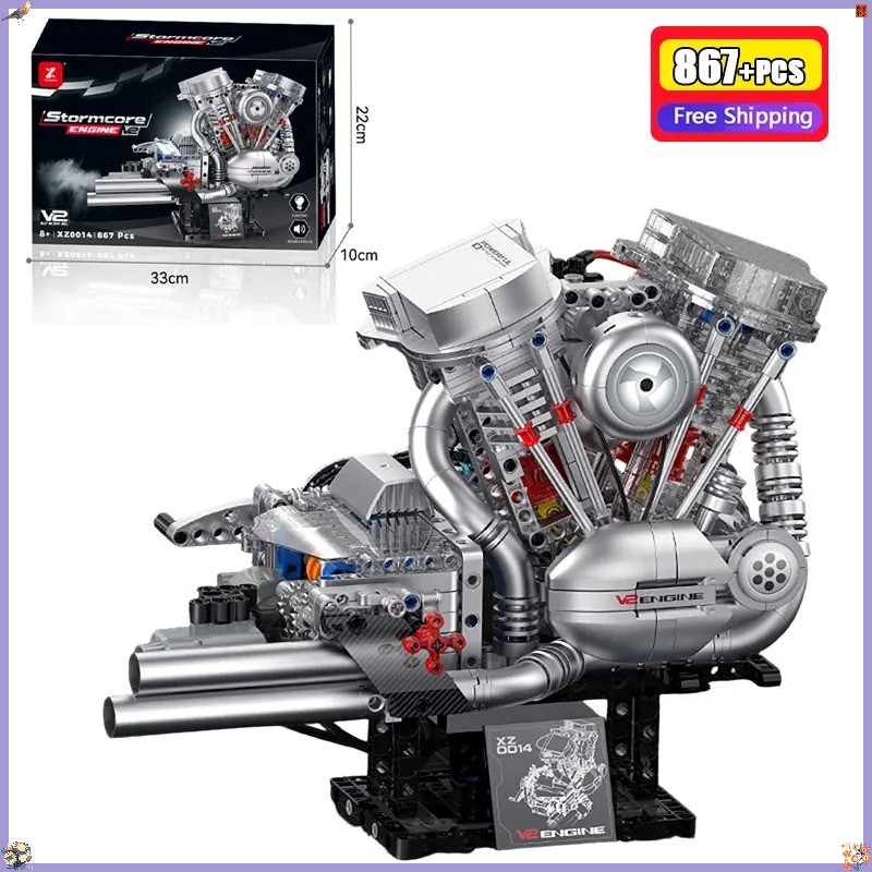 V2 Flathead Engine Model Kit, 867+ Motorcycle Building Set Light & Spray Effects