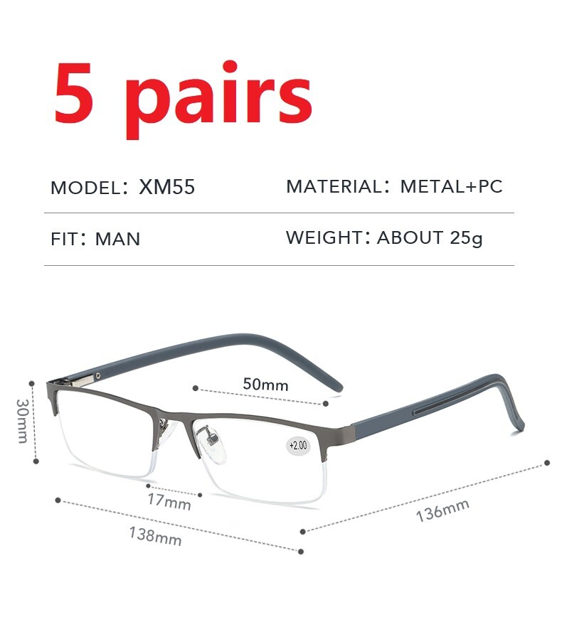 5 PK Men Reading Glasses Half Frame Spring Hinge Reader Glasses Anti Blue Light